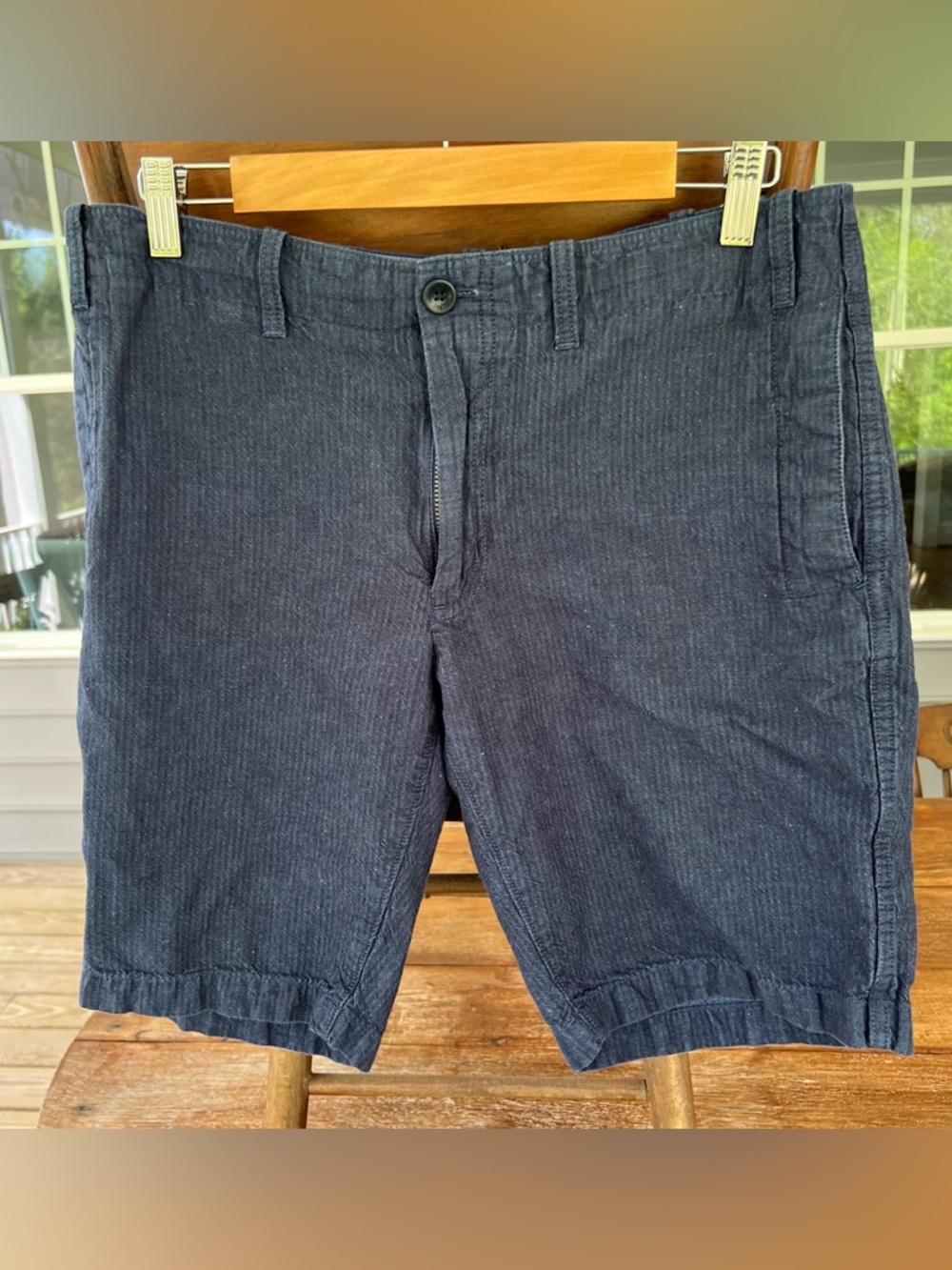 Banana Republic Navy Pinstripe Linen Cotton Blend Flat Front Chino Shorts W32